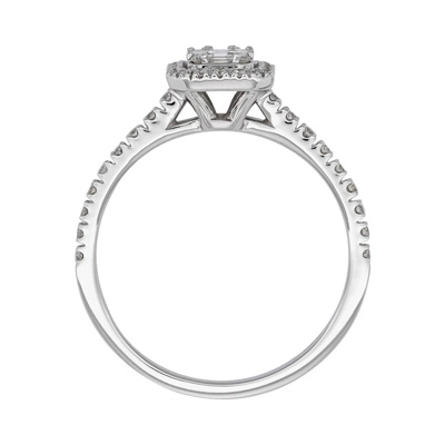 Anillo de compromiso halo rectangular, con diamantes con un peso total de 0.34ct, oro tono blanco 18k, rodinado