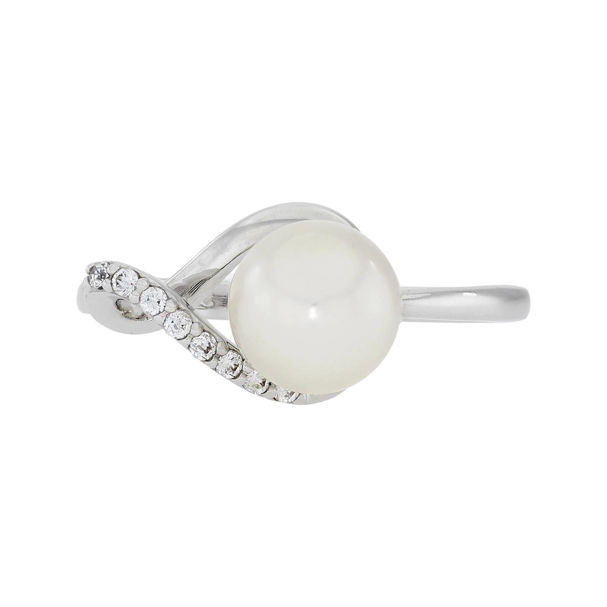 Anillo en oro blanco de 18 Kilates, con perla central de 7.50 mm de ancho aprox y decoración en zircones