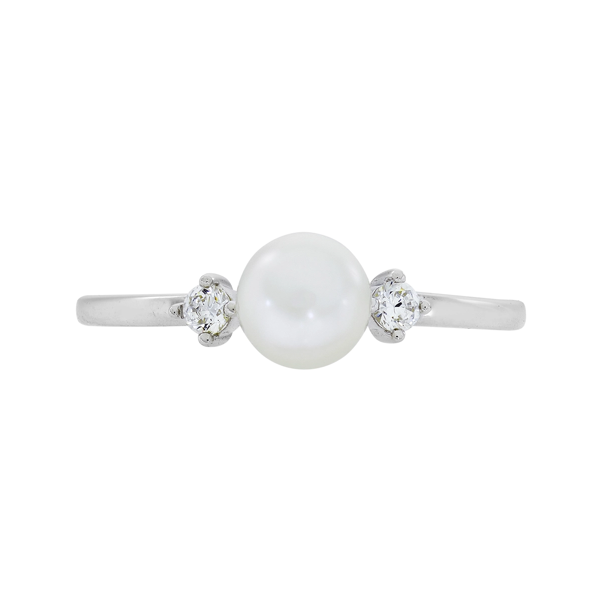 Anillo en oro blanco de 18 Kilates, con perla central de 5 mm de ancho aprox y decoración en zircones