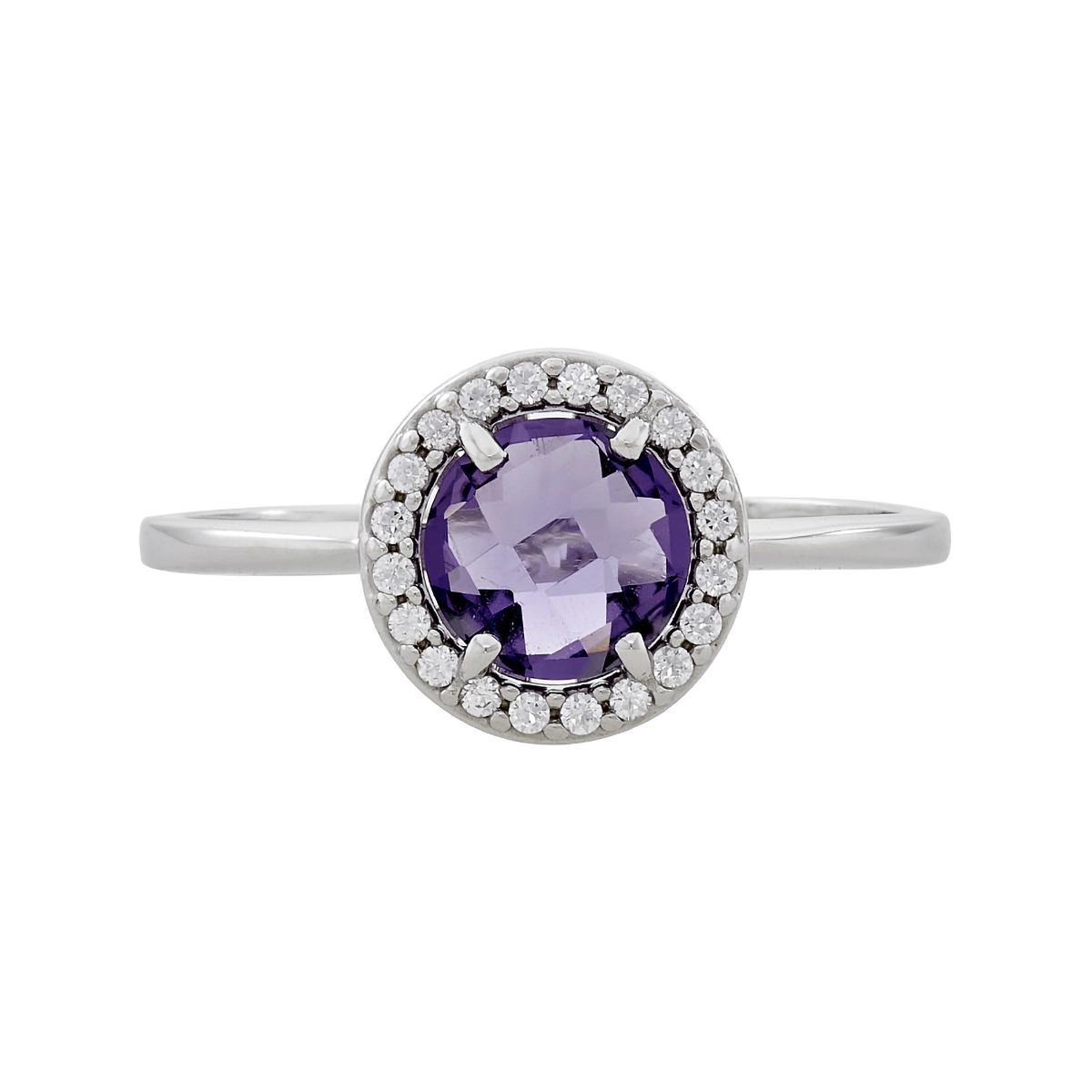 Anillo en oro blanco de 18 Kilates, con amatista central y decoración en zircones
