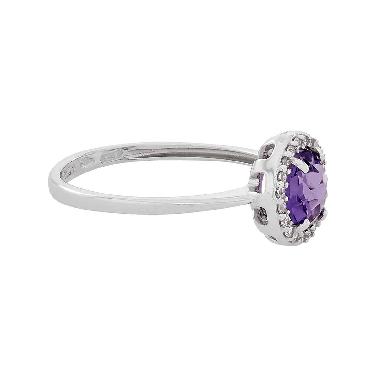 Anillo en oro blanco de 18 Kilates, con amatista central y decoración en zircones