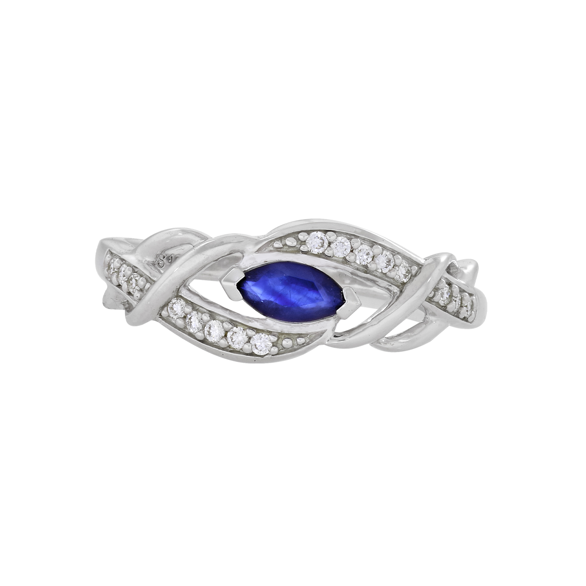 Anillo en oro blanco de 18 Kilates, con zafiro central de 0.25 Ct y decoración en diamantes de 0.08 Ct