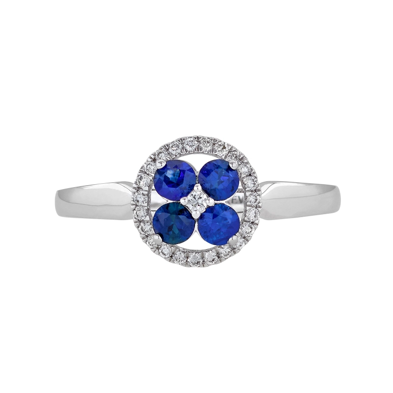 Anillo de flor en oro blanco de 18 Kilates, con zafiros de 0.46 Ct y diamantes de 0.12 Ct