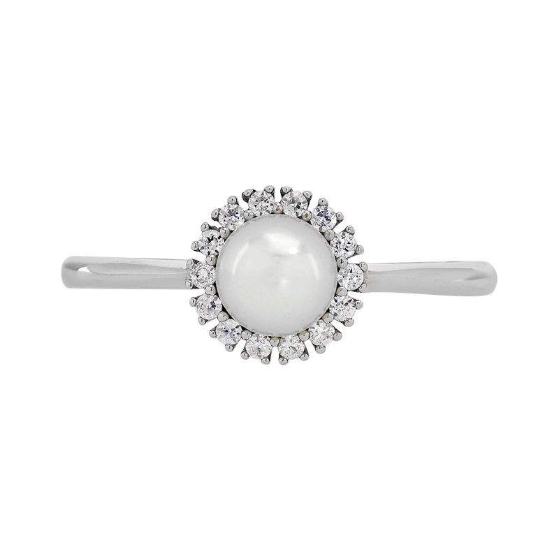 Anillo en oro blanco de 18 Kilates, con perla central de 5 mm de ancho aprox y decoración en zircones