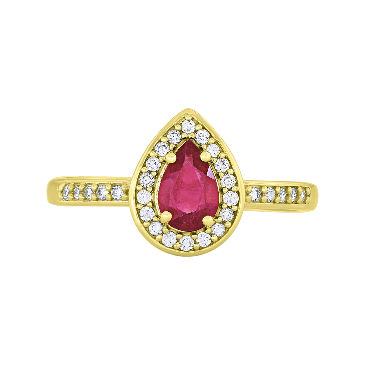 Anillo en oro amarillo de 18 Kilates, con rubí central de 0.50 Ct y decoración en diamantes de 0.14 Ct