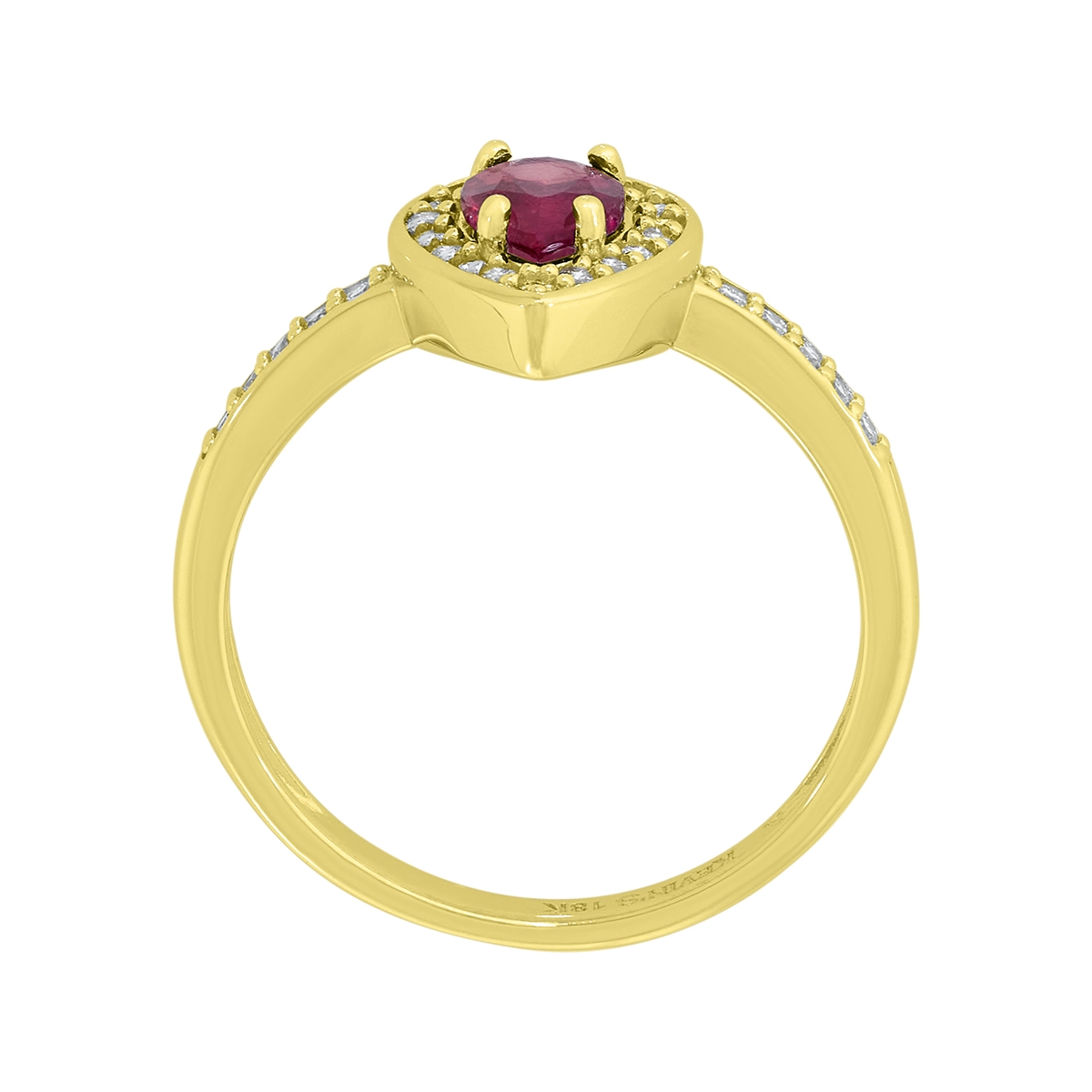 Anillo en oro amarillo de 18 Kilates, con rubí central de 0.50 Ct y decoración en diamantes de 0.14 Ct