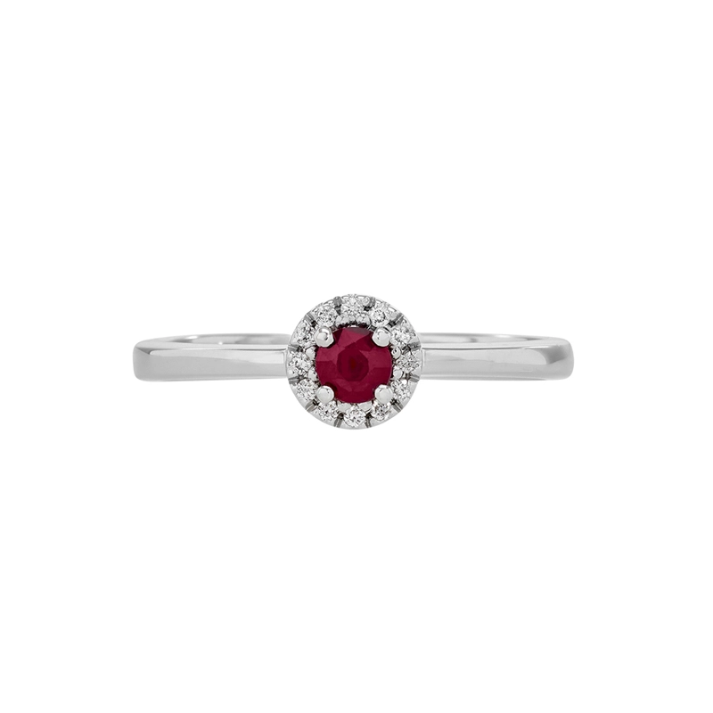 Anillo en oro blanco de 18 Kilates, con rubí central de 0.23 Ct y decoración en diamantes de 0.06 Ct