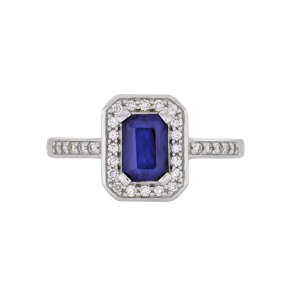 Anillo en oro blanco de 18 Kilates, con zafiro central de 0.60 Ct y decoración en diamantes de 0.15 Ct