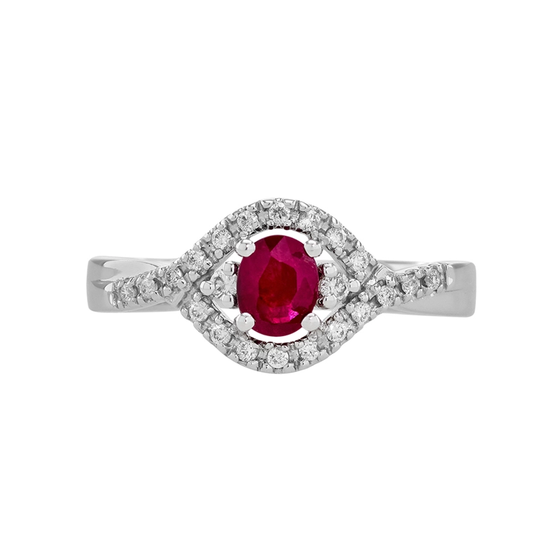 Anillo en oro blanco de 18 Kilates, con rubí central de 0.47 Ct y decoración en diamantes de 0.14 Ct