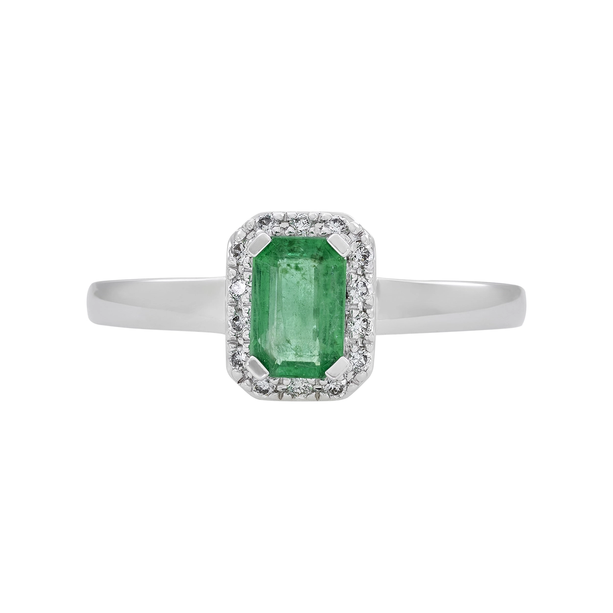 Anillo en oro blanco de 18 Kilates, con esmeralda central de 0.60 Ct y decoración en diamantes de 0.08 Ct