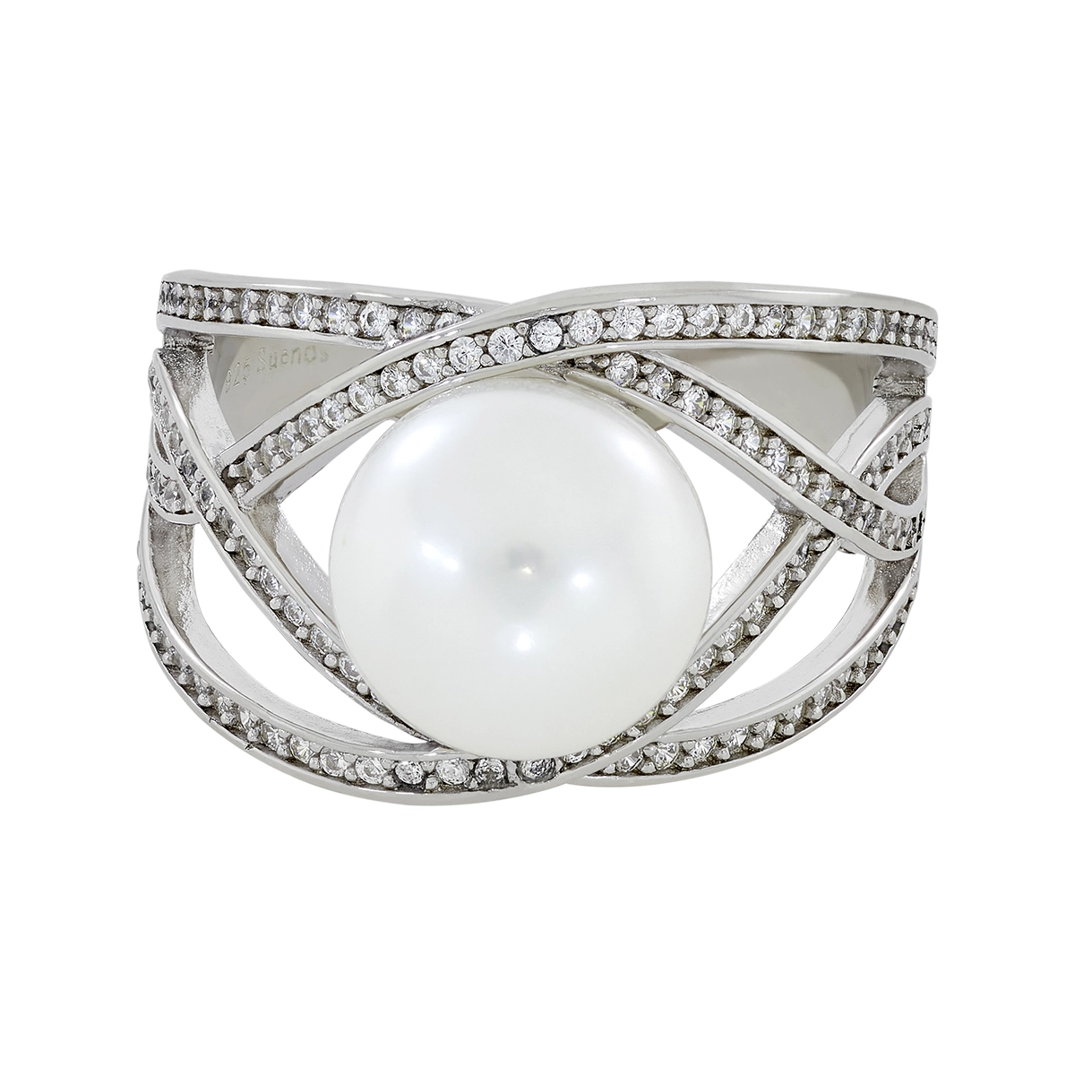 Anillo en plata Ley 925, con perla central de 9 mm de ancho aprox y decoración en zircones, de la coleccion Sueños