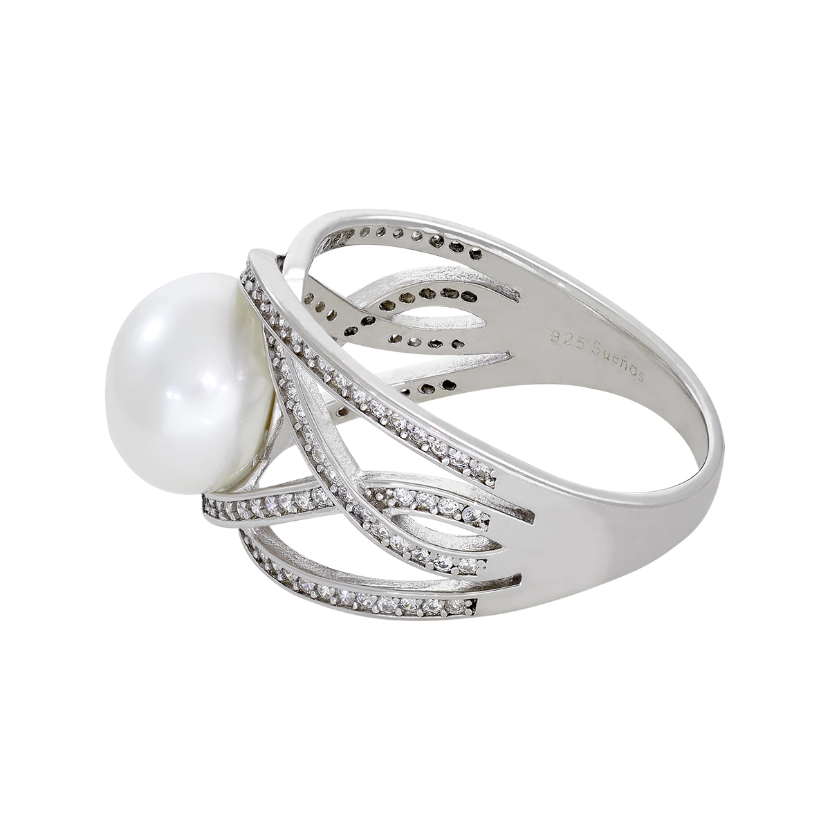 Anillo en plata Ley 925, con perla central de 9 mm de ancho aprox y decoración en zircones, de la coleccion Sueños