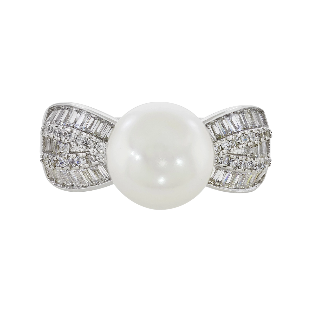 Anillo en plata Ley 925, con perla central de 8 mm de ancho aprox y decoración en zircones, de la coleccion Sueños