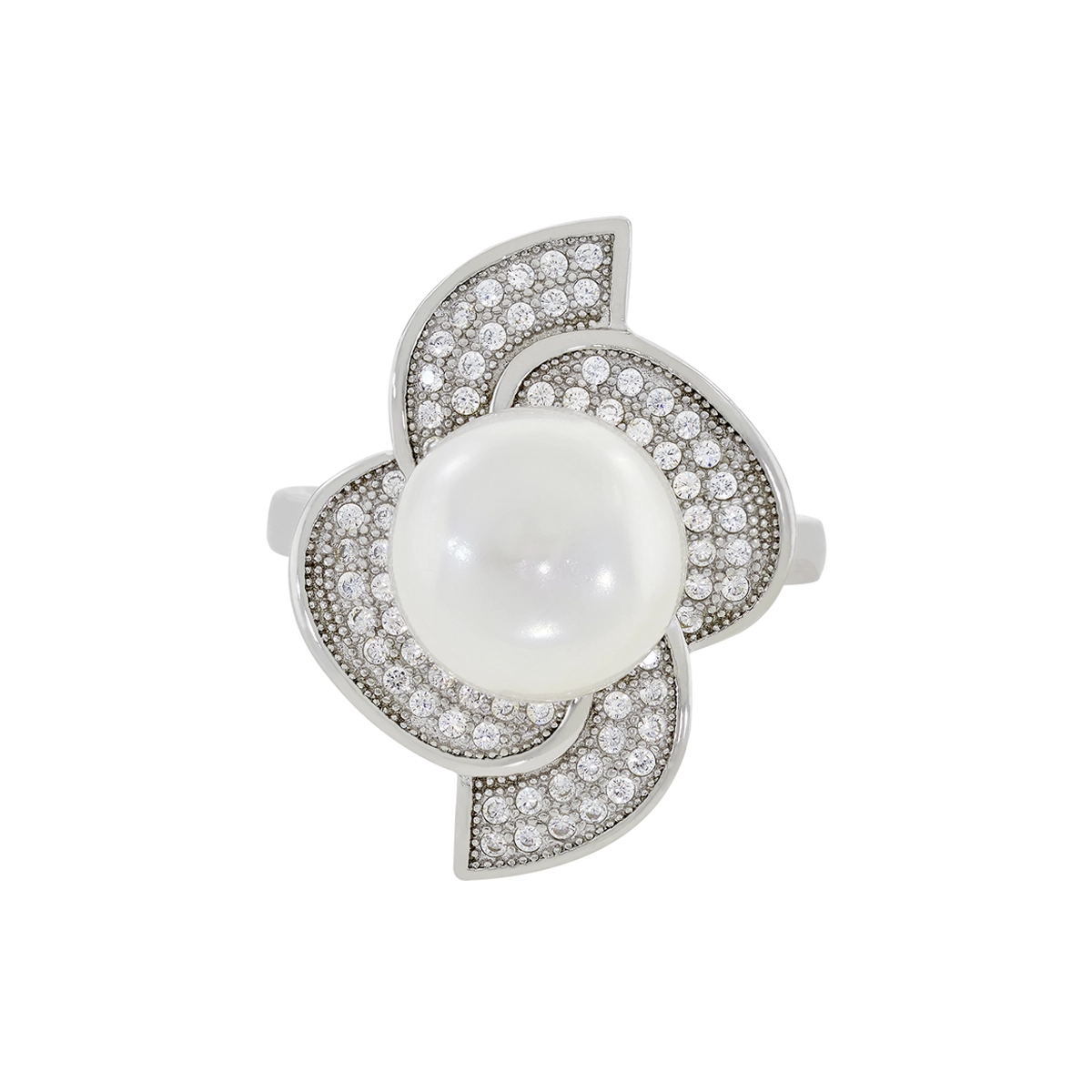 Anillo en plata Ley 925, con perla central de 10 mm de ancho aprox y decoración en zircones, de la coleccion Sueños
