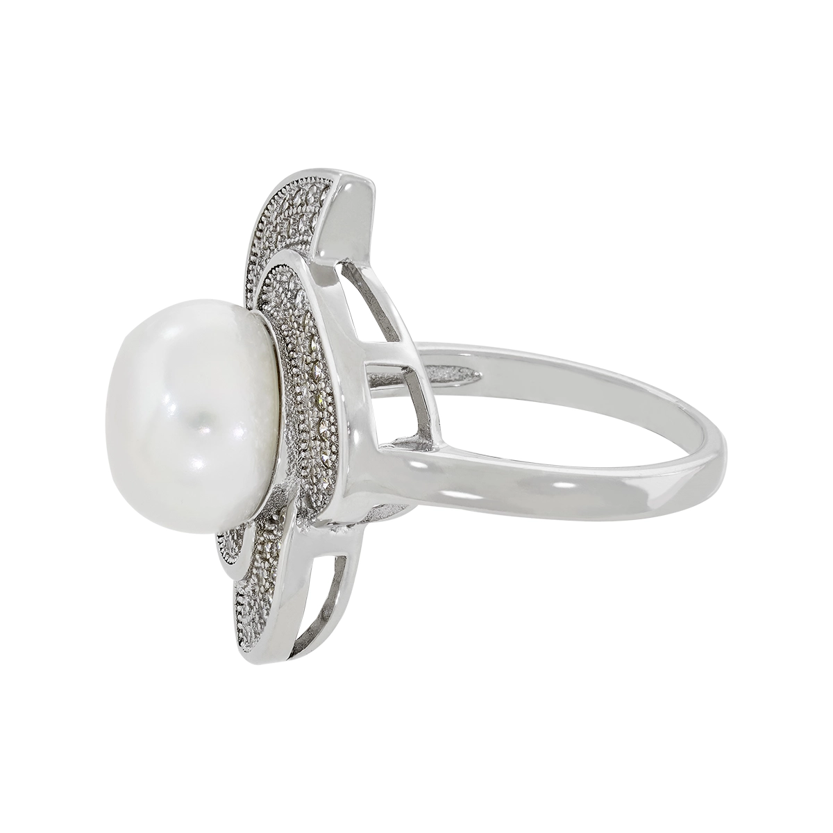 Anillo en plata Ley 925, con perla central de 10 mm de ancho aprox y decoración en zircones, de la coleccion Sueños