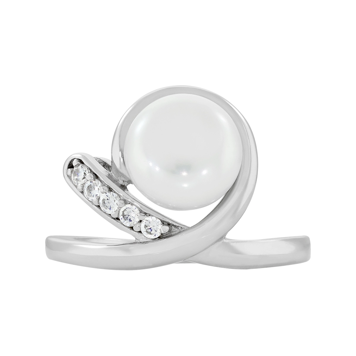 Anillo en plata Ley 925, con perla central de 8 mm de ancho aprox y decoración en zircones, de la coleccion Sueños