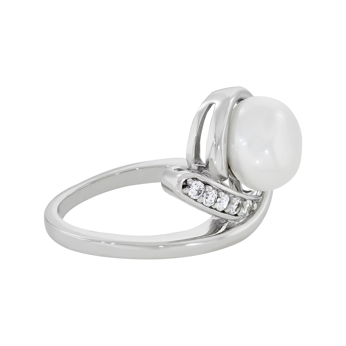 Anillo en plata Ley 925, con perla central de 8 mm de ancho aprox y decoración en zircones, de la coleccion Sueños