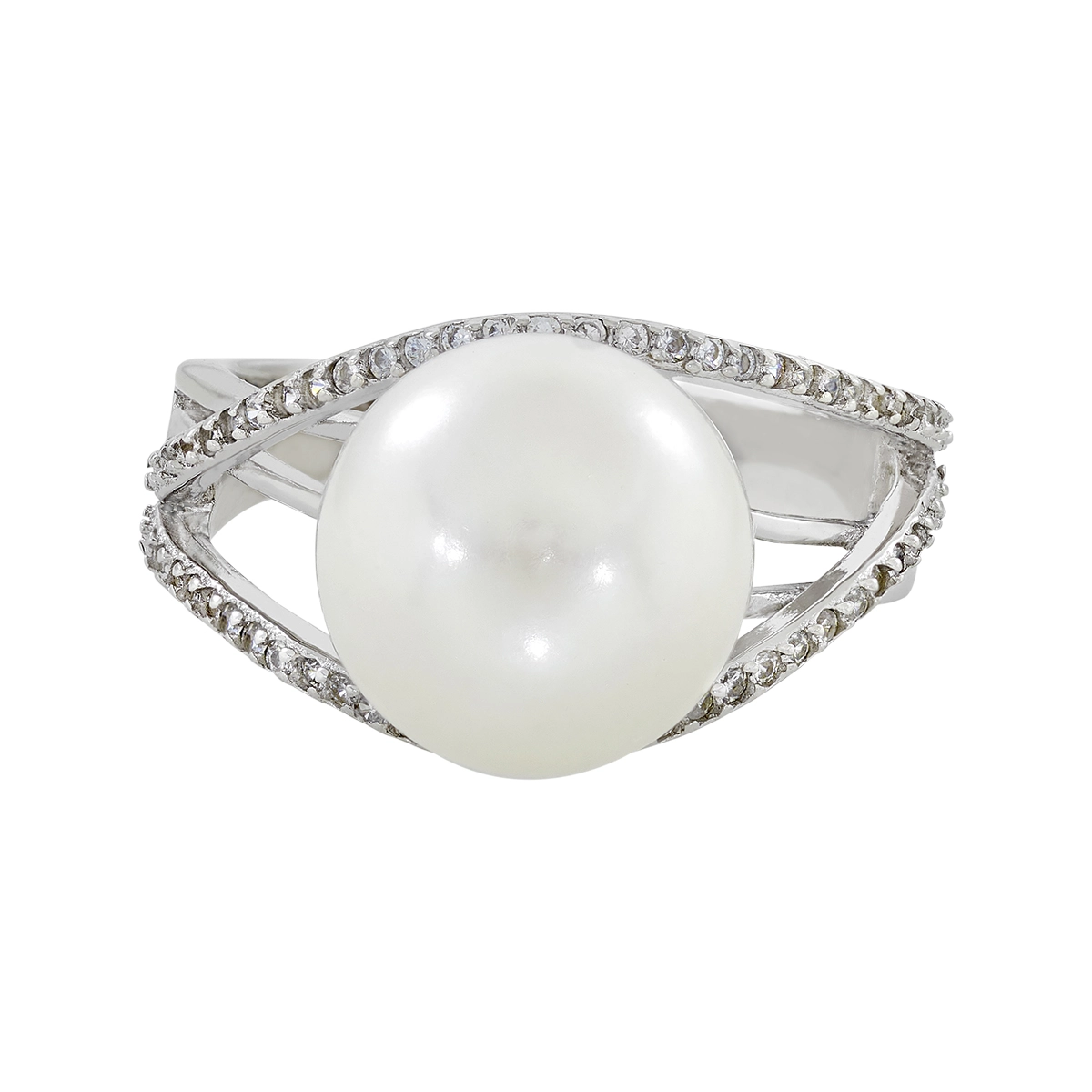 Anillo en plata Ley 925, con perla central de 11 mm de ancho aprox y decoración en zircones, de la coleccion Sueños
