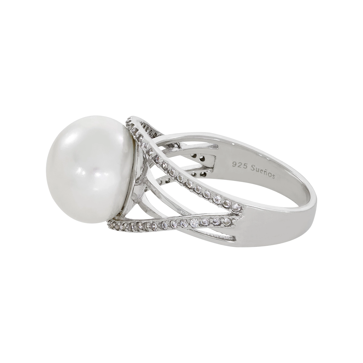 Anillo en plata Ley 925, con perla central de 11 mm de ancho aprox y decoración en zircones, de la coleccion Sueños