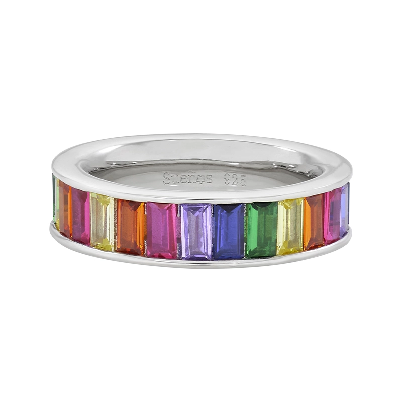 Anillo en plata Ley 925, con cristales, 5 mm. de ancho