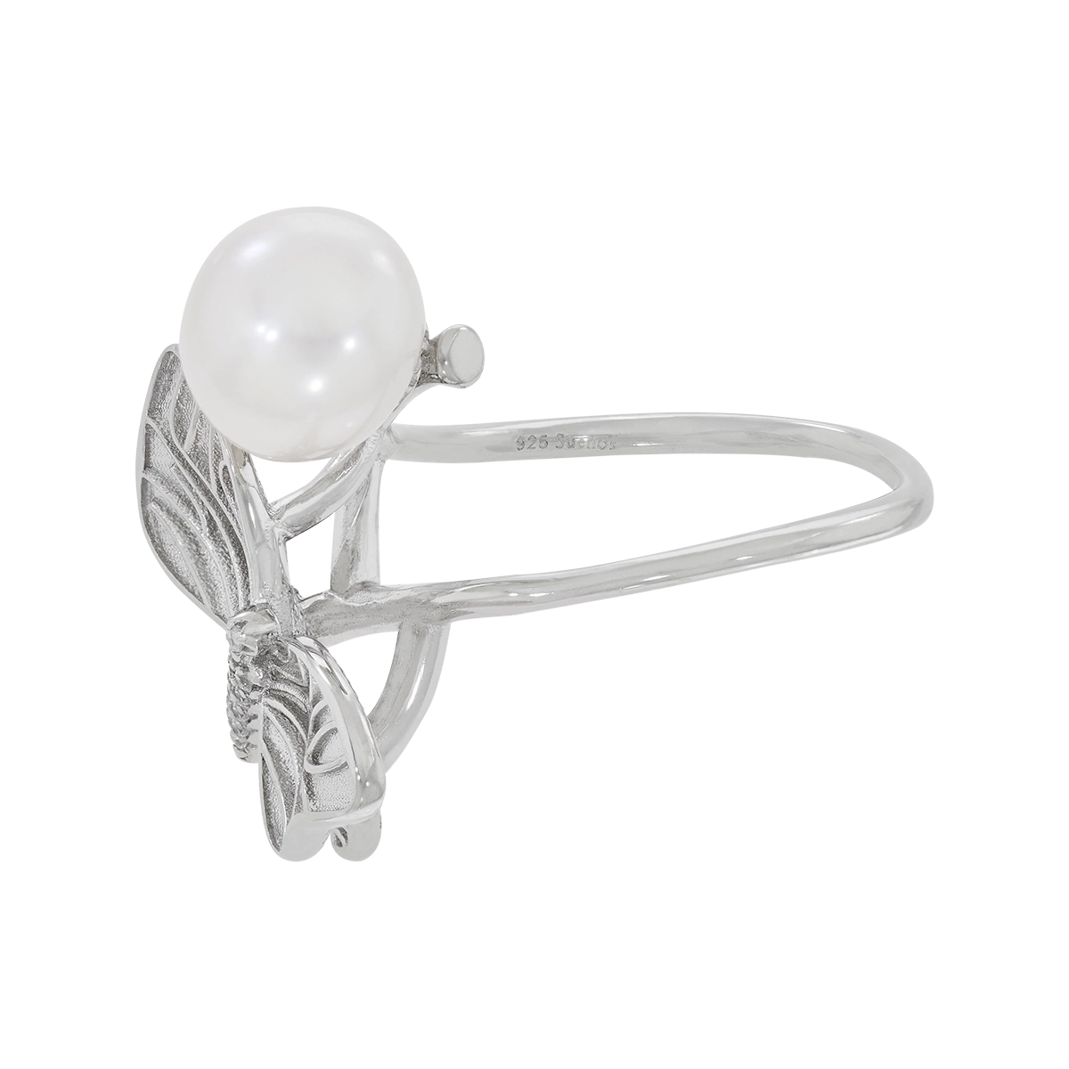 Anillo de mariposa en plata Ley 925 satinado, con perla central y decoración en zircones de la coleccion Sueños