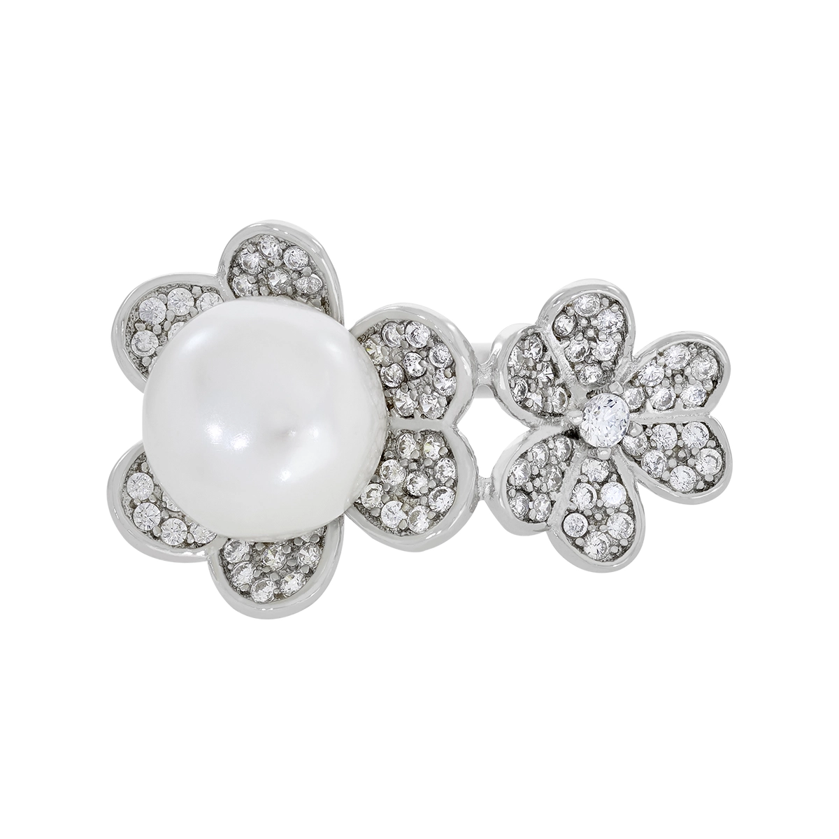 Anillo de flores en plata Ley 925, con perla central de 8 mm de ancho aprox y decoración en zircones - Colección Sueños