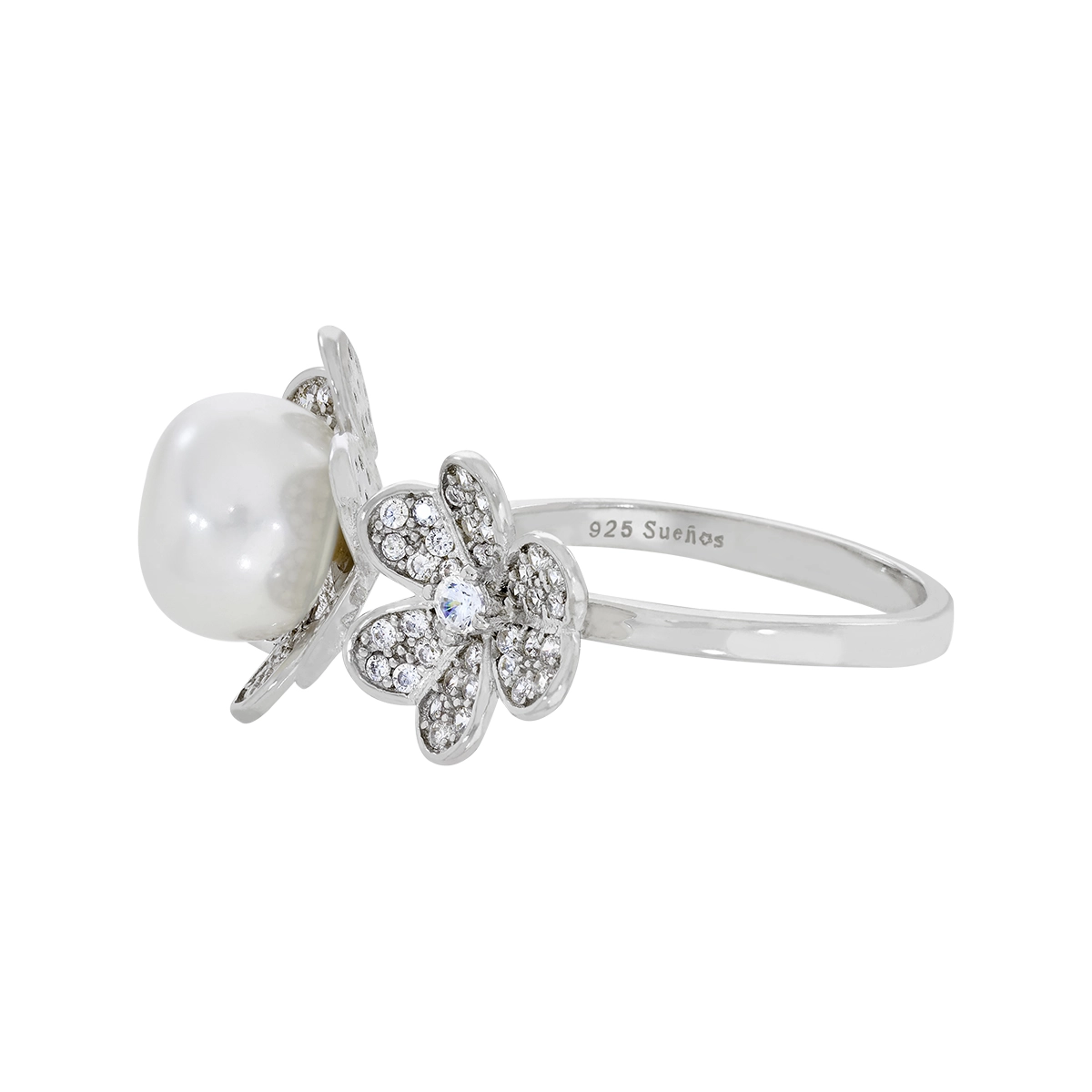 Anillo de flores en plata Ley 925, con perla central de 8 mm de ancho aprox y decoración en zircones - Colección Sueños