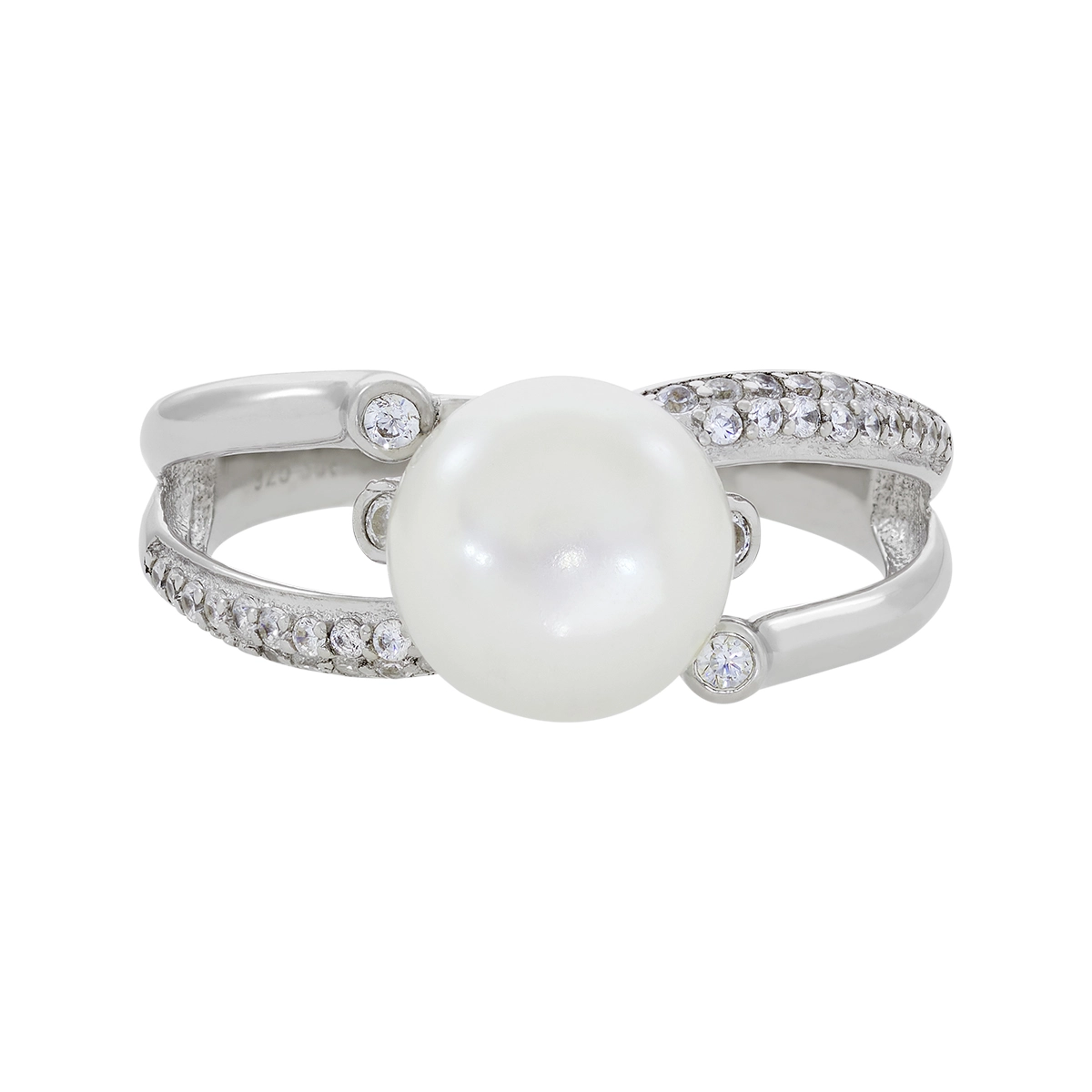 Anillo en plata Ley 925, con perla central de 8 mm de ancho aprox y decoración en zircones, de la coleccion Sueños