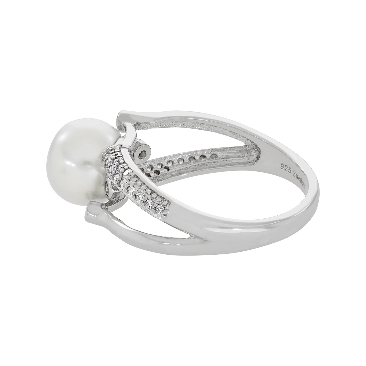 Anillo en plata Ley 925, con perla central de 8 mm de ancho aprox y decoración en zircones, de la coleccion Sueños