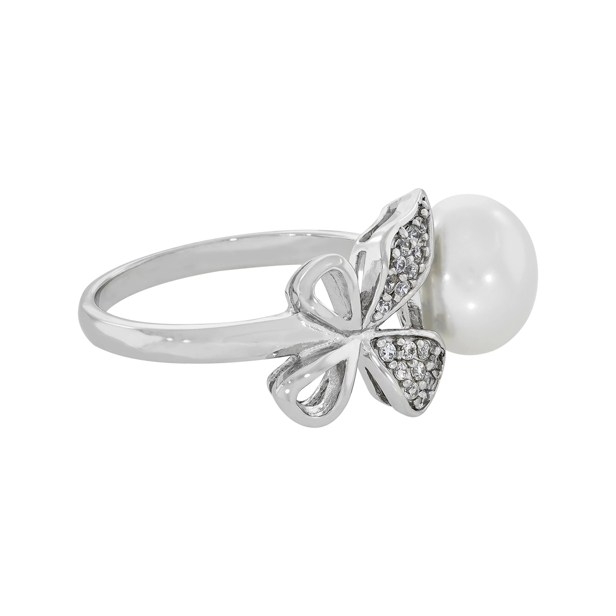 Anillo de mariposa en plata Ley 925, con perla central y decoración en zircones de la coleccion Sueños