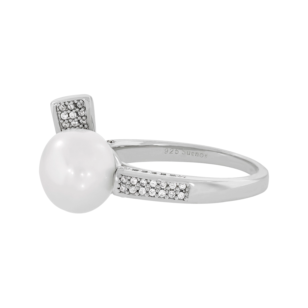 Anillo en plata Ley 925, con perla central de 8 mm de ancho aprox y decoración en zircones, de la coleccion Sueños