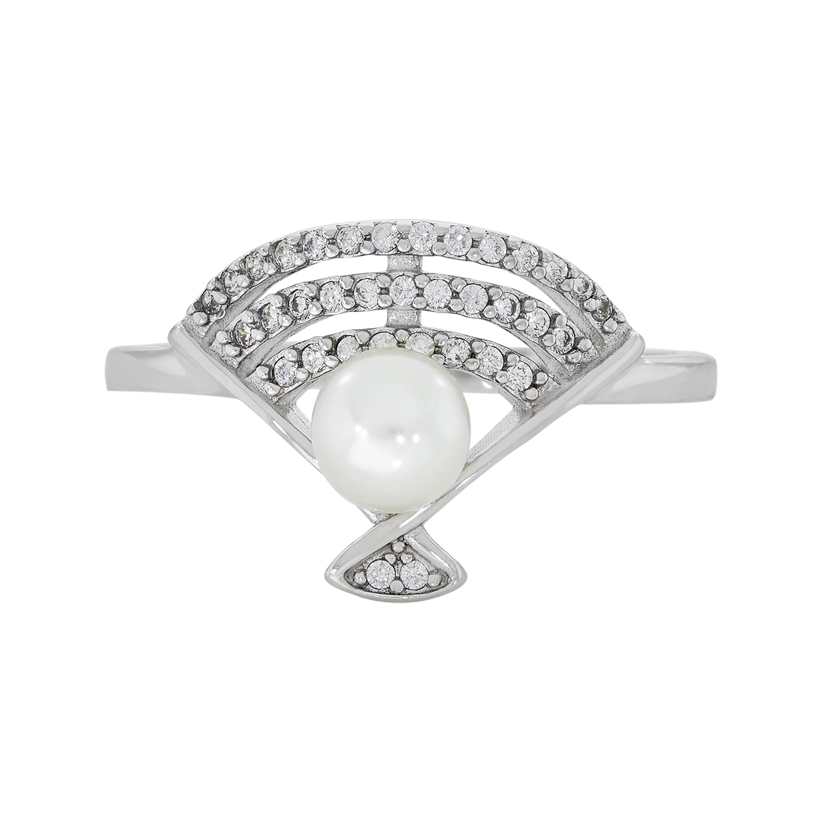 Anillo en plata Ley 925, con perla central de 4 mm de ancho aprox y decoración en zircones, de la coleccion Sueños