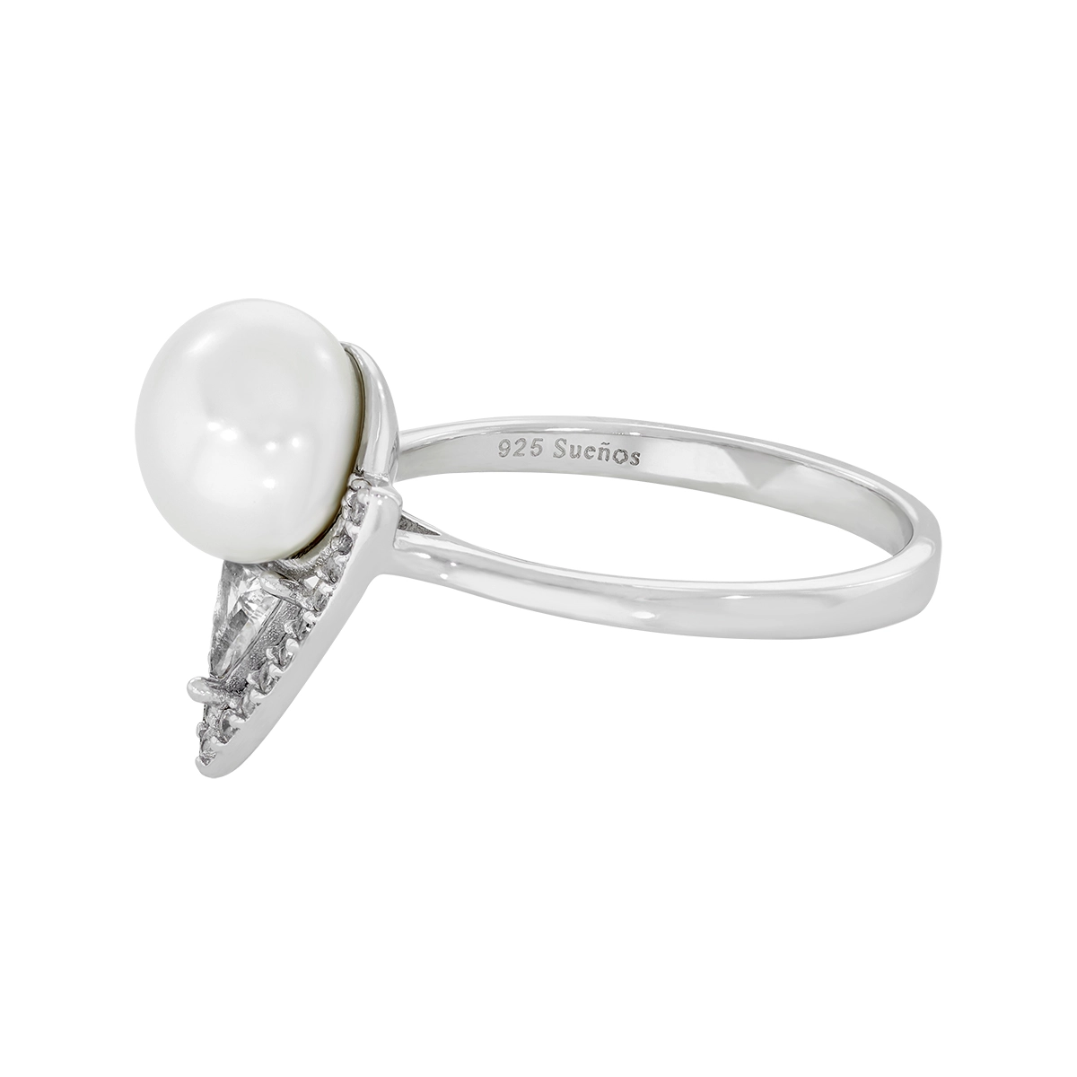 Anillo en plata Ley 925, con perla central de 7 mm de ancho aprox, decoración en zircon y zircones, de la coleccion Sueños