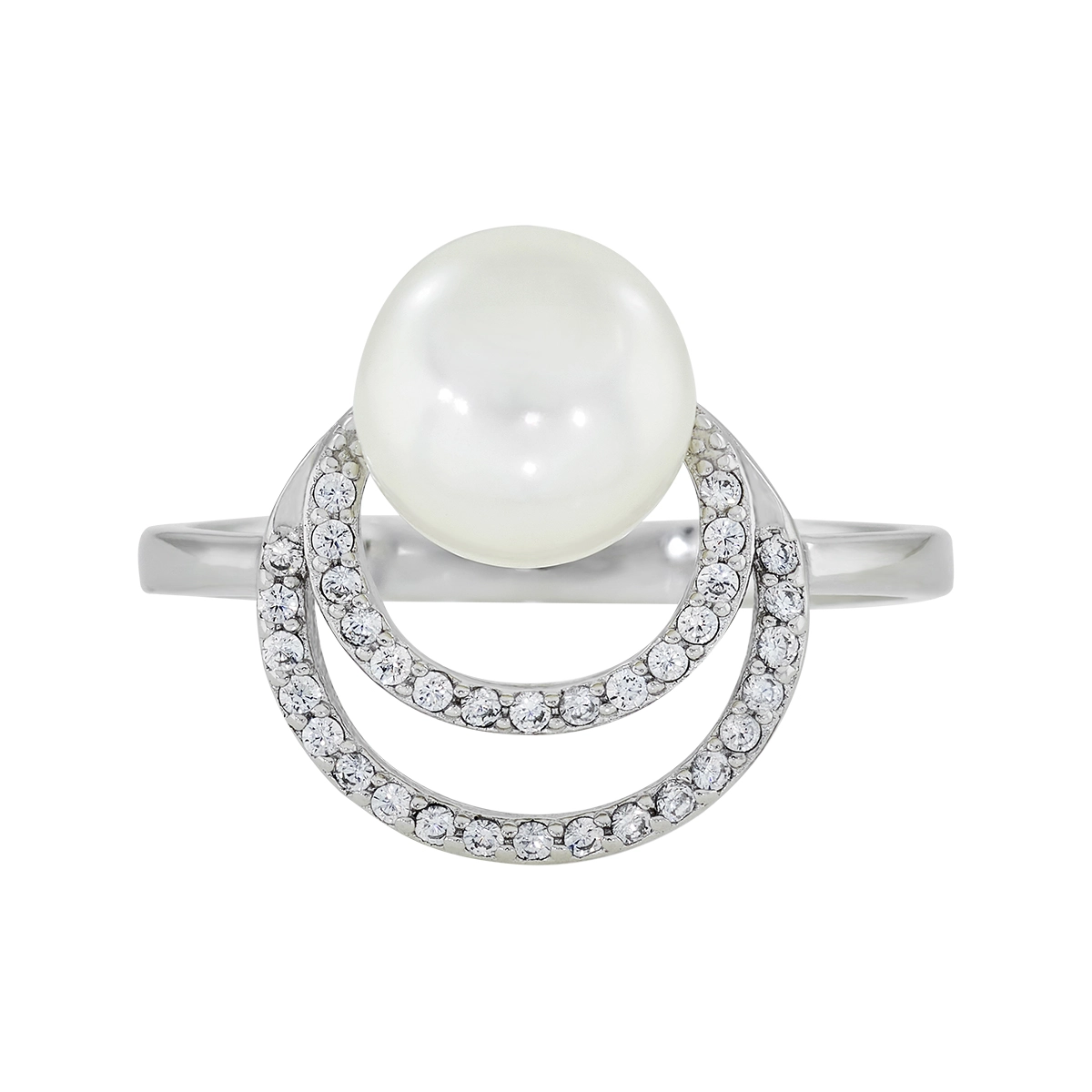 Anillo en plata Ley 925, con perla central de 7 mm de ancho aprox y decoración en zircones, de la coleccion Sueños