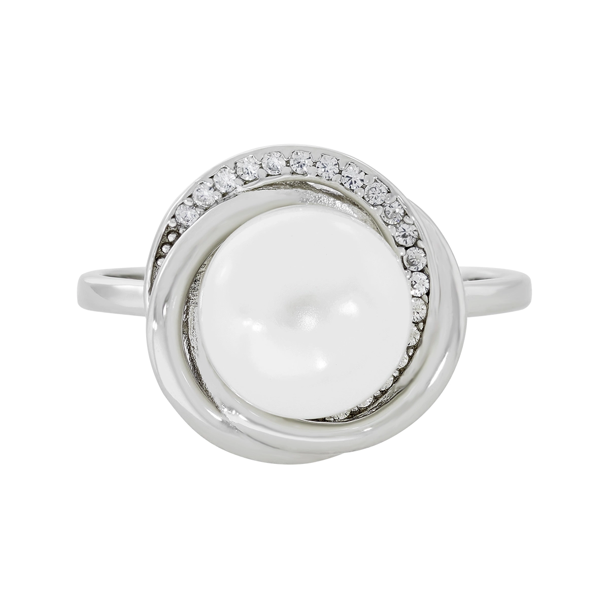 Anillo en plata Ley 925, con perla central de 8 mm de ancho aprox y decoración en zircones, de la coleccion Sueños