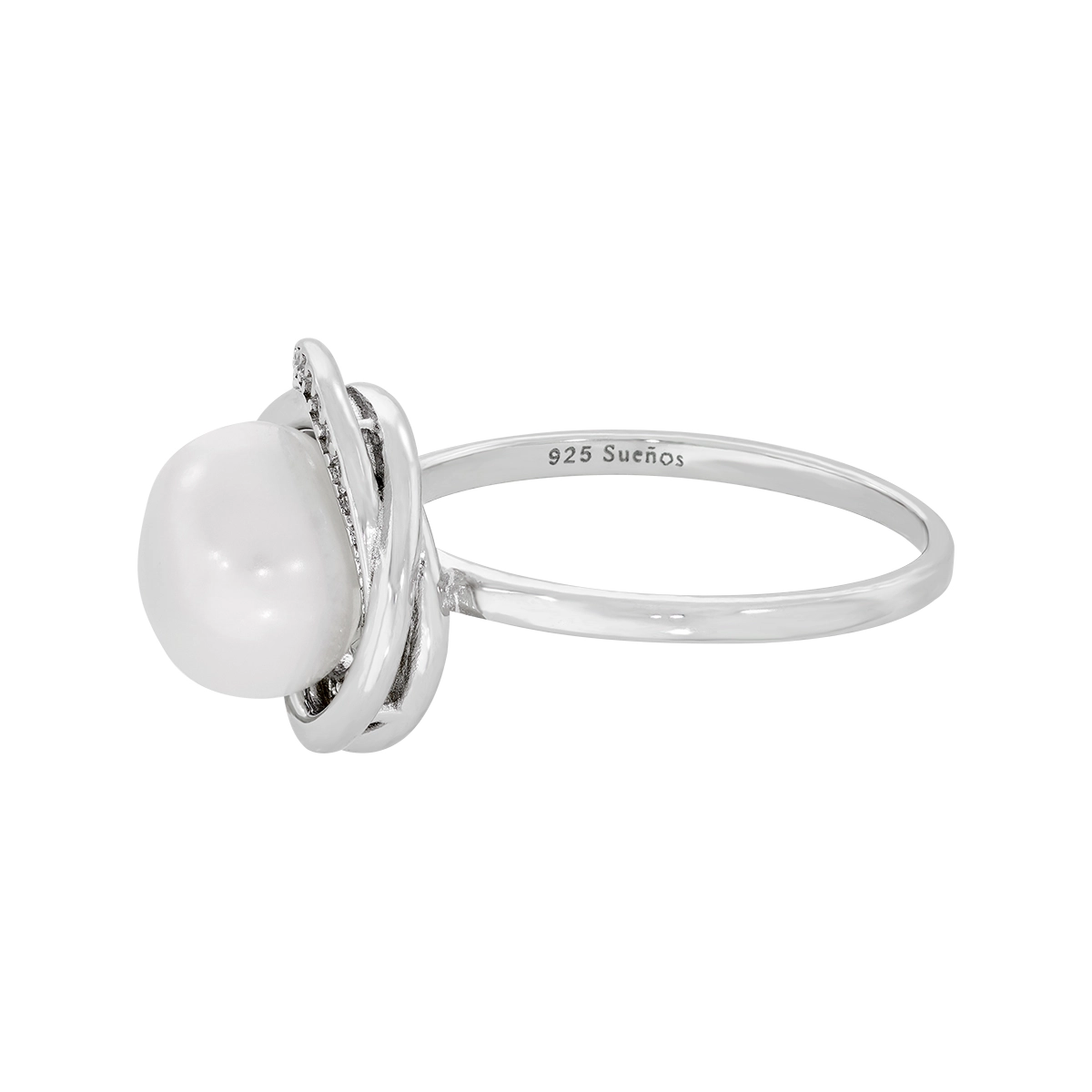 Anillo en plata Ley 925, con perla central de 8 mm de ancho aprox y decoración en zircones, de la coleccion Sueños