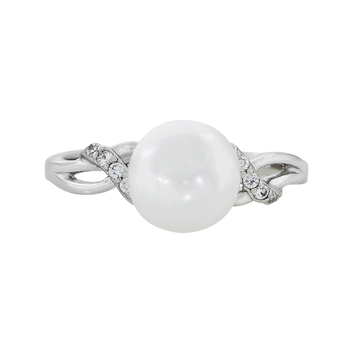 Anillo en plata Ley 925, con perla central de 8 mm de ancho aprox y decoración en zircones, de la coleccion Sueños