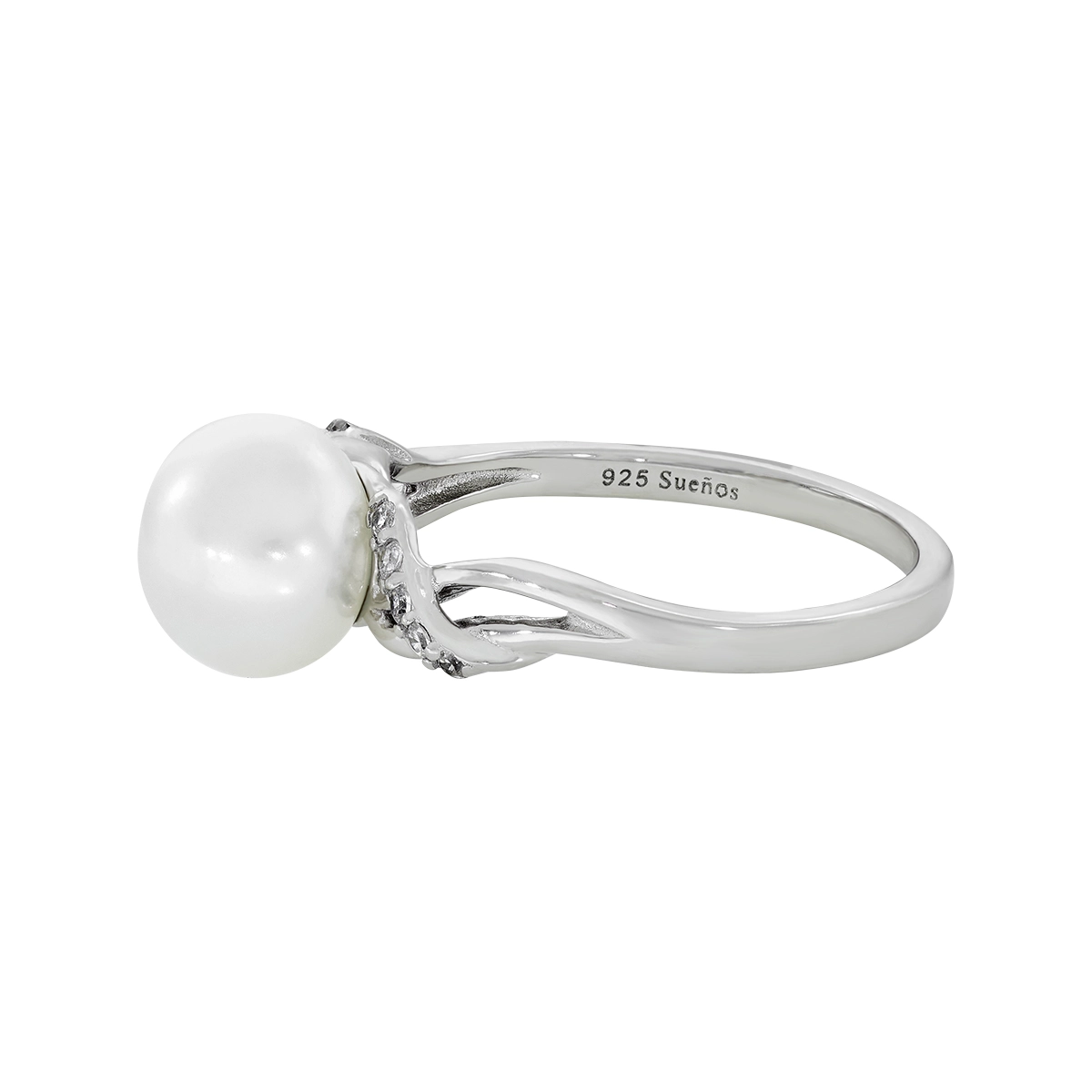 Anillo en plata Ley 925, con perla central de 8 mm de ancho aprox y decoración en zircones, de la coleccion Sueños