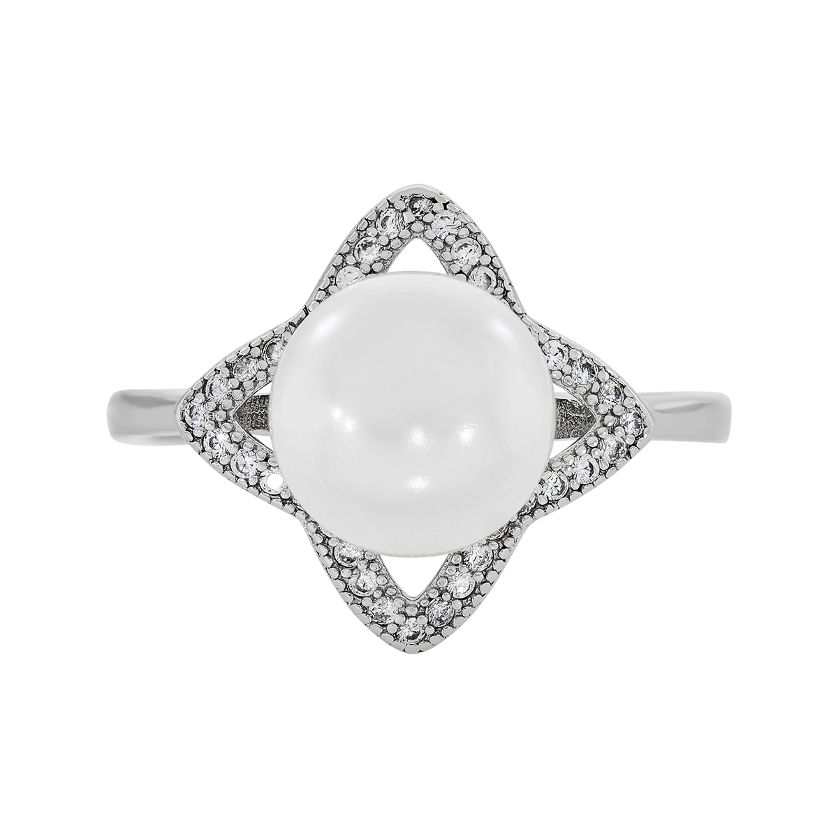 Anillo estrella en plata Ley 925, con perla central de 8 mm de ancho aprox y decoración en zircones - Colección Sueños
