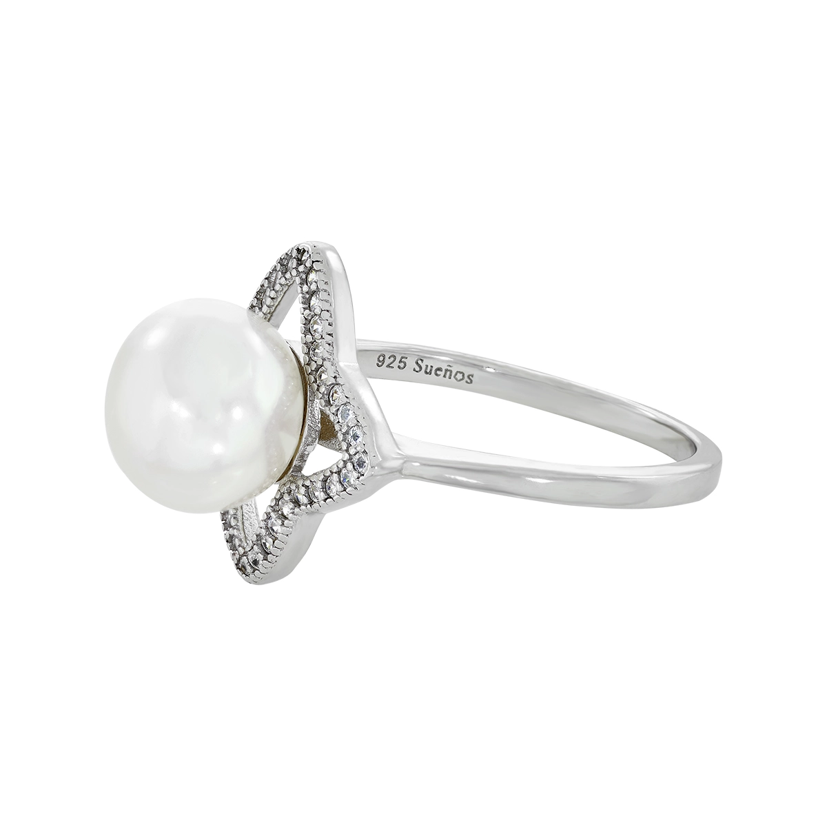 Anillo estrella en plata Ley 925, con perla central de 8 mm de ancho aprox y decoración en zircones - Colección Sueños