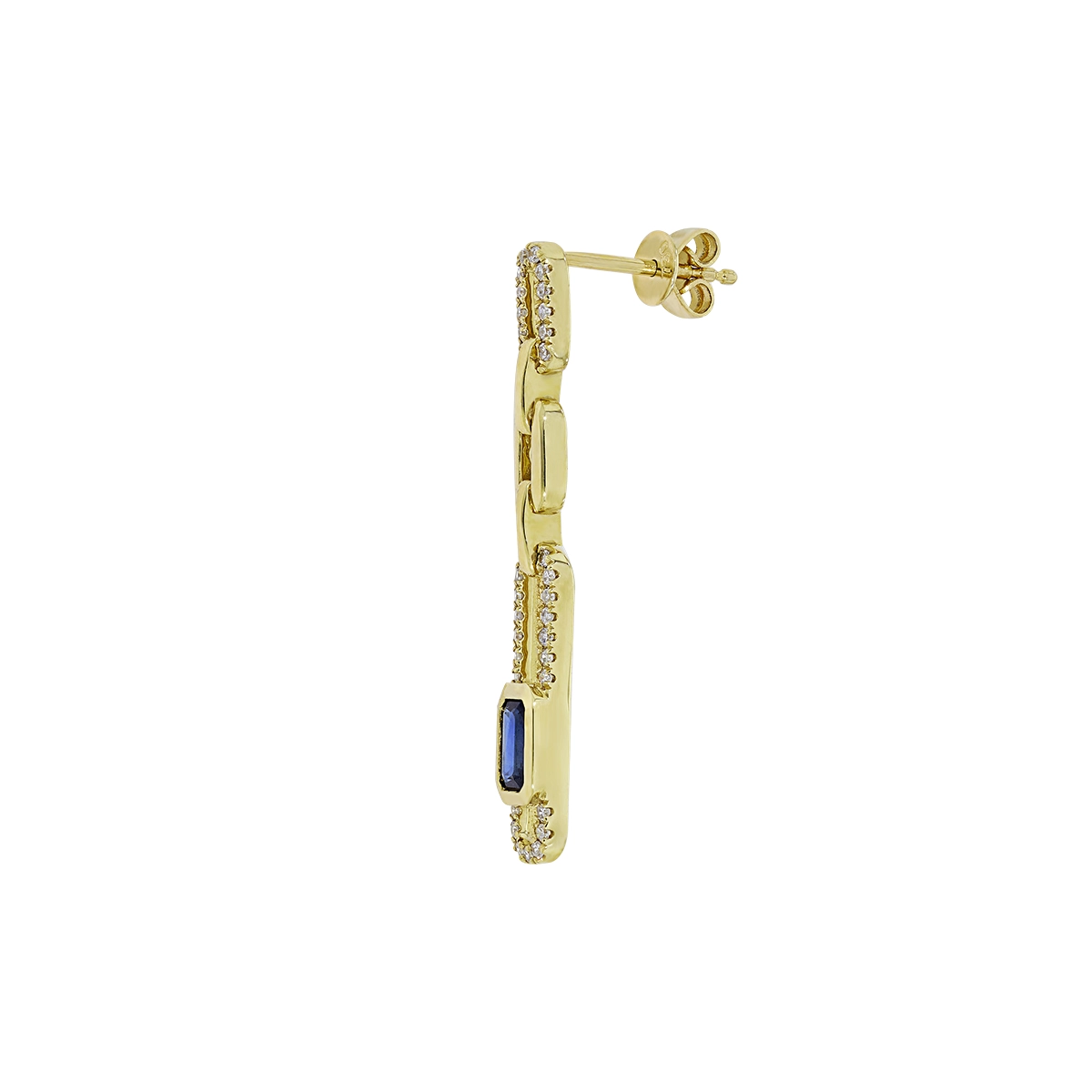Aretes en oro amarillo de 18 Kilates, Figuras geométricas, con 2 zafiros centrales de 0.65 Ct y decoración en diamantes de 0.23 Ct