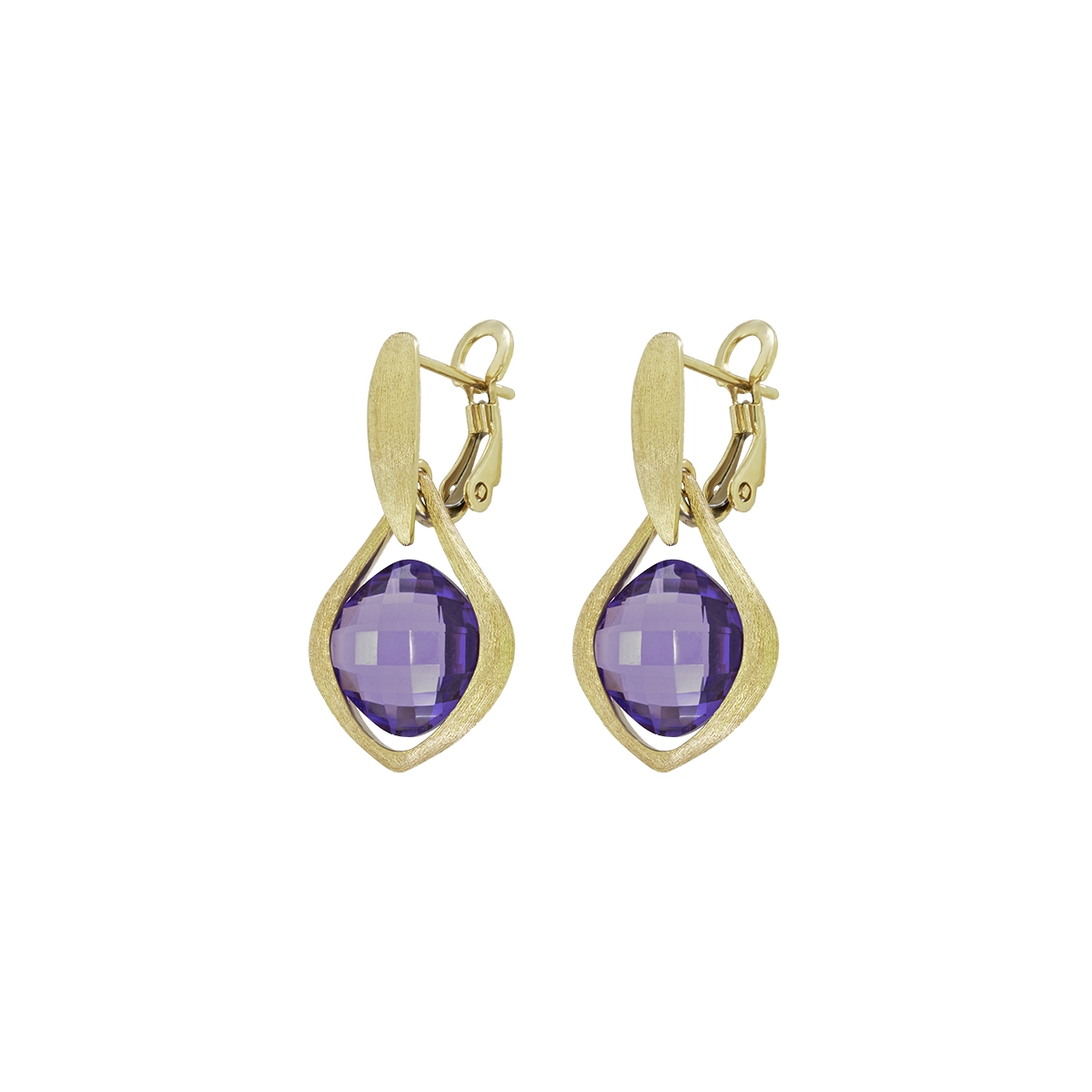 Aretes en oro amarillo de 18 Kilates satinado, Lágrima, con 2 amatistas centrales
