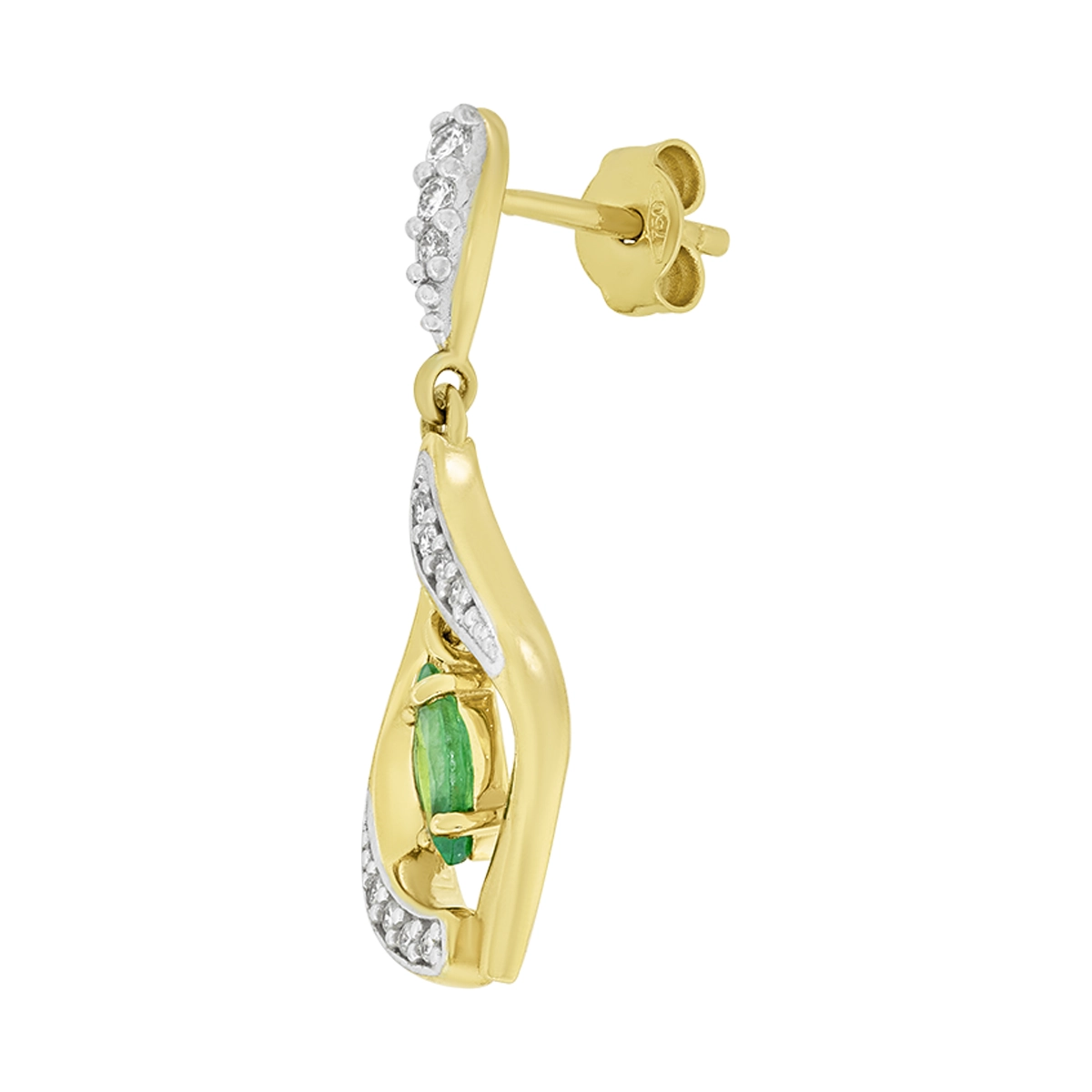 Aretes en oro amarillo de 18 Kilates, Franjas, con 2 esmeraldas centrales de 0.60 Ct y decoración en diamantes de 0.17 Ct