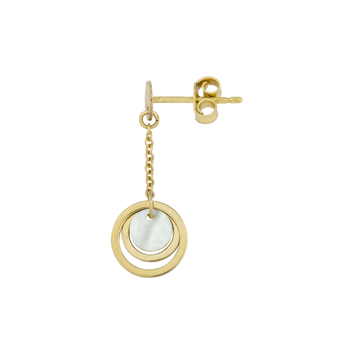 Aretes en oro amarillo de 18 Kilates, Figuras geométricas, con 2 piedra madre perla centrales