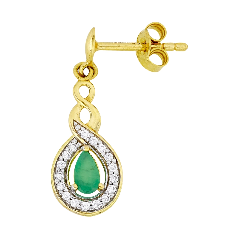 Aretes en oro amarillo de 18 Kilates, Lágrima, con 2 esmeraldas centrales y decoración en zircones