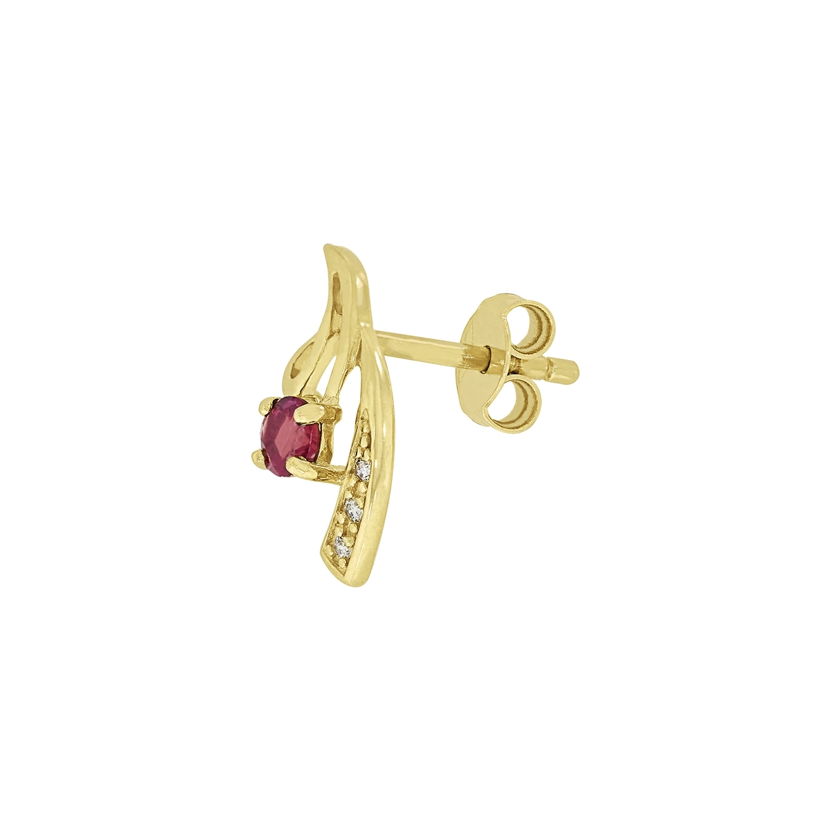 Aretes en oro amarillo de 18 Kilates, Onda, con 2 rubís centrales de 0.20 Ct y decoración en diamantes de 0.03 Ct