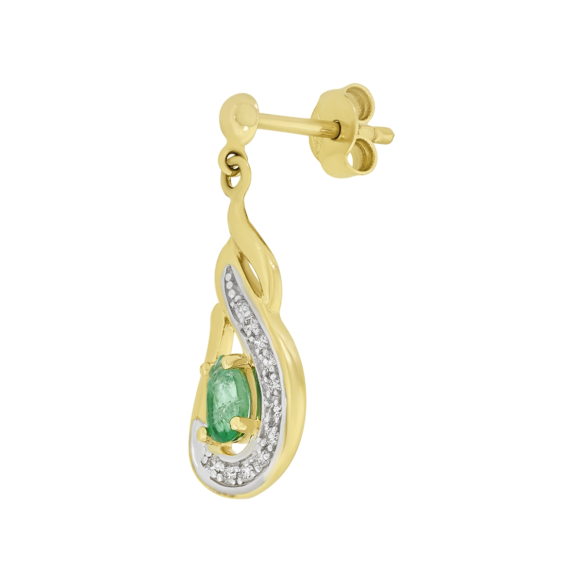 Aretes en oro amarillo de 18 Kilates, Onda, con 2 esmeraldas centrales de 0.40 Ct y decoración en diamantes de 0.11 Ct