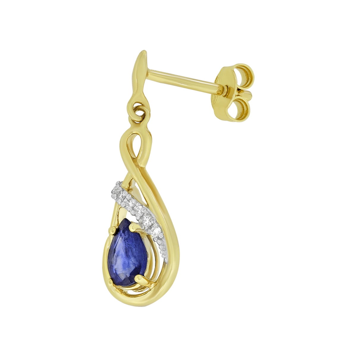 Aretes en oro amarillo de 18 Kilates, Onda, con 2 zafiros centrales de 0.95 Ct y decoración en diamantes de 0.06 Ct