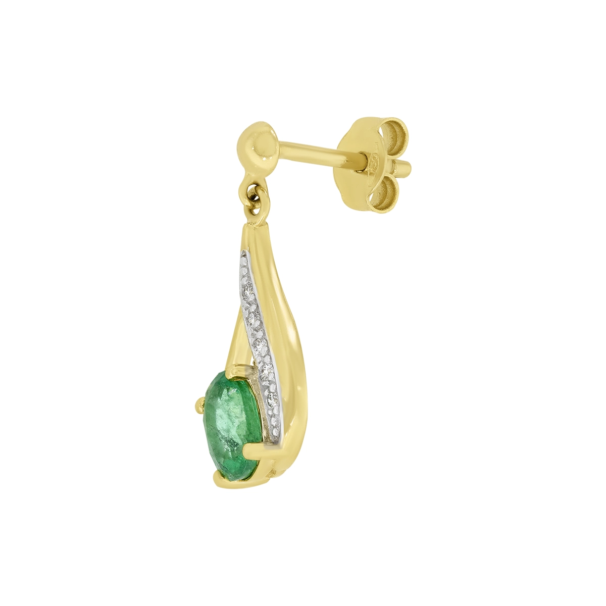 Aretes en oro amarillo de 18 Kilates, Lágrima, con esmeralda central de 0.80 Ct y decoración en diamantes de 0.05 Ct