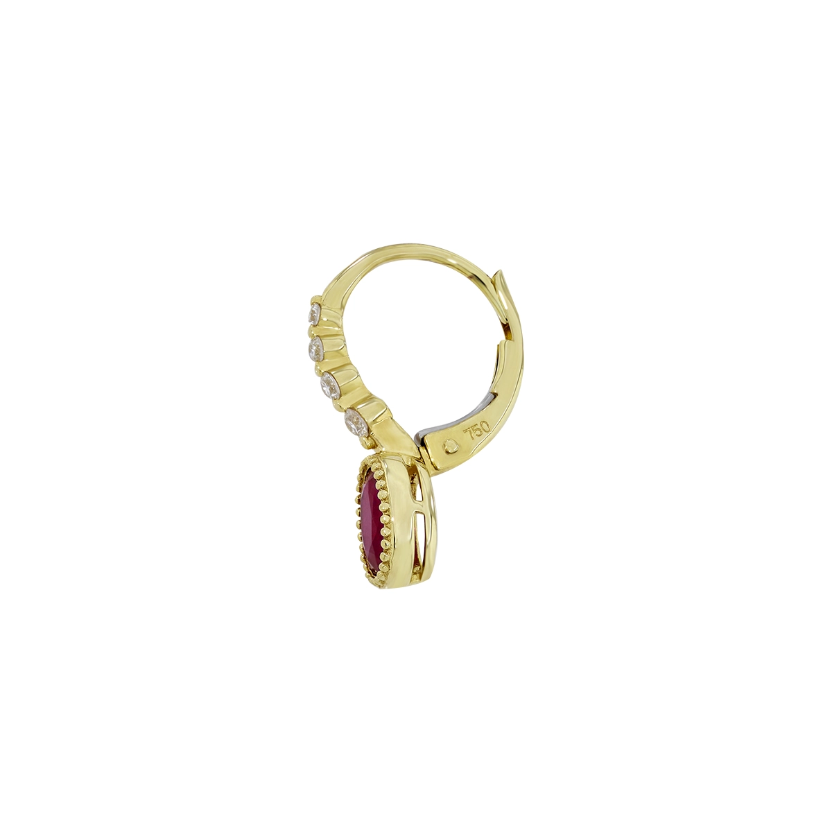Aretes en oro amarillo de 18 Kilates, Bisel+decoración, con 2 rubís centrales de 1.08 Ct y decoración en diamantes de 0.19 Ct